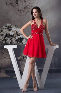 Sexy Half-open Back V-neck Red Homecoming Dress With Rhinestone