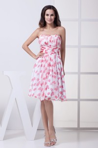 Ruched And Pleated Knee-length Printing Chiffon Cocktail Dress Strapless
