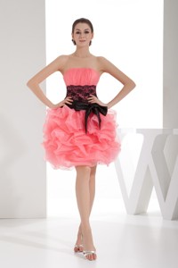 Strapless Ruched Watermelon Cocktail Dress Knee-length With Sash