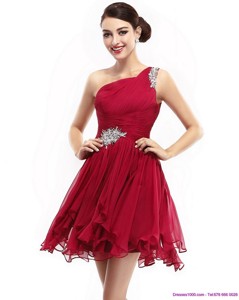 One Shoulder Ruching Mini Length Cocktail Dress With Beading