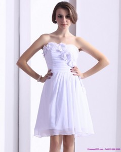White Strapless Cocktail Dress With Ruching And Hand Made Flower