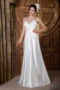 Custom Made V-neck Floor-length Elastic Woven Satin Beading Wedding Dress