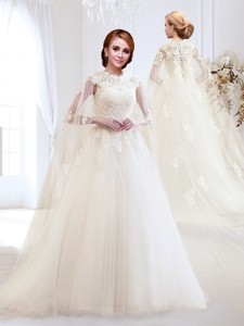 2017 Elegant Applique High Neck Wedding Dress with Brush Train 