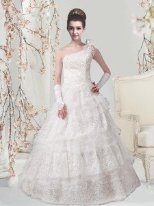 Elegant Princess One Shoulder Floor Length Wedding Dress with Lace 