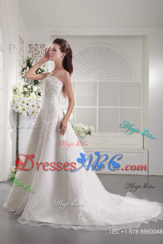 White Princess Strapless Court Train Embroidery Organza Wedding Dress