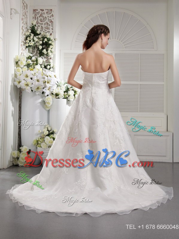 White Princess Strapless Court Train Embroidery Organza Wedding Dress