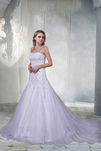 Beautiful A Line Court Train Appliques Wedding Dress With Strapless