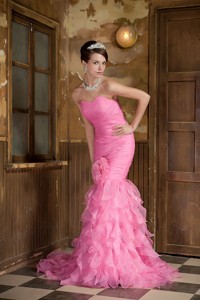 Rose Pink Mermaid Sweetheart Brush Train Organza Hand Made Flower and Ruffles Prom Dress