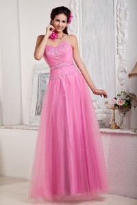 Rose Pink Prom Dress For Custom Made Empire Sweetheart Floor-length Tulle Beading