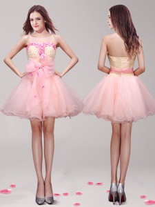 Romantic Hand Made Flowers and Appliques Short Prom Dress in Peach