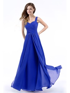 Latest Straps Chiffon Royal Blue Prom Dress with Hand Made Flowers