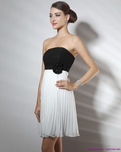 Strapless Ruching And Hand Made Flower Prom Dress In White And Black