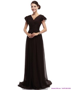 Popular Cap Sleeves And Brush Train Prom Dress In Black