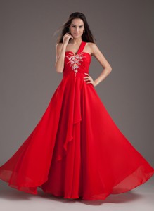 Red Empire One Shoulder Floor-length Chiffon Beading Prom Dress 15207