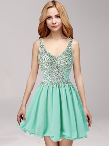 Modest Straps Apple Green Prom Dress with Beading and Ruffles for Spring