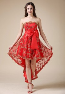 Luxurious Red Cocktail Dress Strapless High-low Elastic Wove Satin And Lace Bow