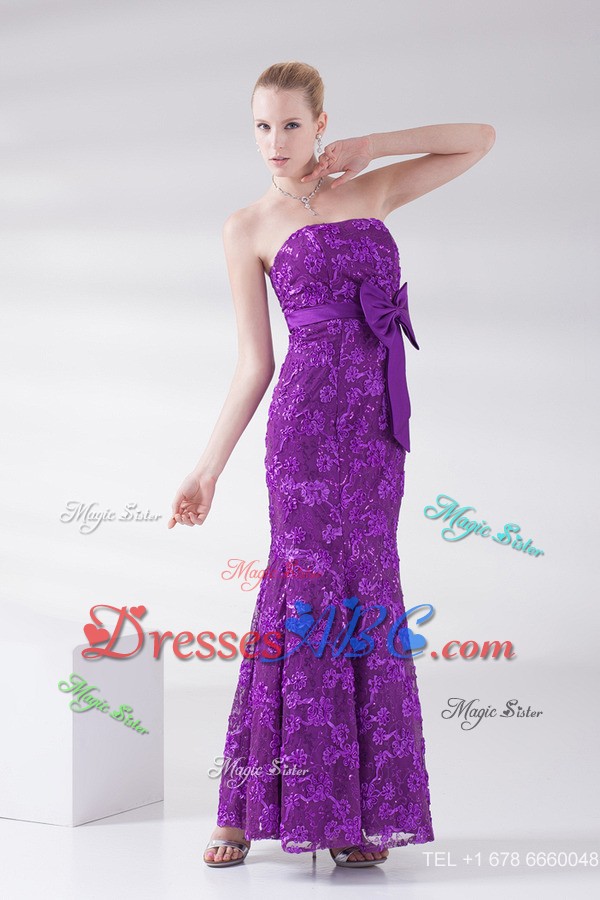 Mermaid Eggplant Purple Strapless Lace Sashes Ankle-length Prom Dress