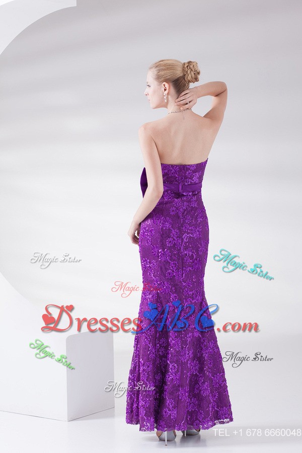 Mermaid Eggplant Purple Strapless Lace Sashes Ankle-length Prom Dress