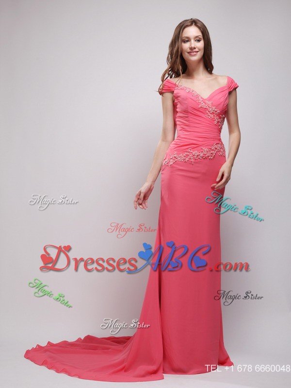 Coral Red Column V-neck Brush Train Chiffon Appliques Prom / Evening Dress