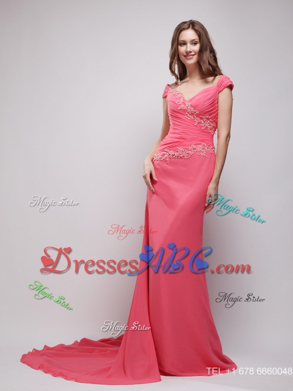 Coral Red Column V-neck Brush Train Chiffon Appliques Prom / Evening Dress