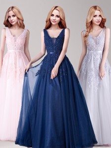 Affordable V Neck Tulle Prom Dress with Appliques and Belt