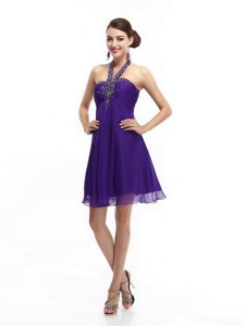 Purple Beading Halter Top Homecoming Dress With Ruching