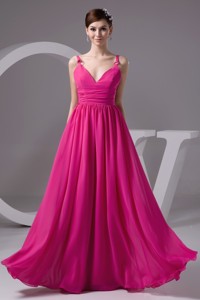 Hot Pink V-neck Chiffon Floor-length Prom Gown Dress in Hot Pink
