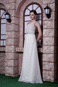 Popular White Graduation Dress Empire One Shoulder Beading Chiffon Floor-length