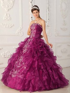 Fuchsia Ball Gown Strapless Floor-length Satin and Organza Embroidery Quinceanera Dress