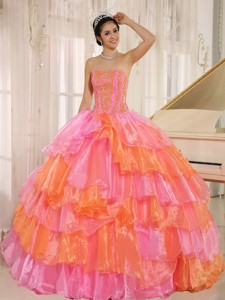 Ruflfled Layers and Appliques Decorate Up Bodice For Rose Pink and Orange Quinceanera Dress Customiz