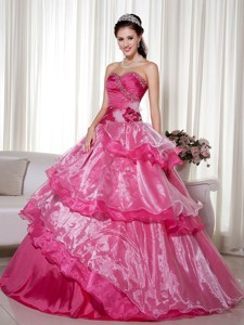 Hot Pink Ball Gown Sweetheart Floor-length Taffeta and Organza Beading and Hand Made Flower Quincean