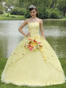 Appliques Embroidery Light Yellow Quinceanera Dress Strapless Floor-l