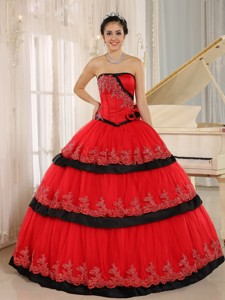 Red Hand Made Flowers Custom Made Quinceanera Dress