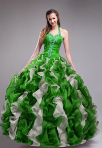 Green Ball Gown Halter Orangza Applqiues and Ruffles Quinceanera Dress