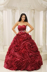 Wine Red Sweetheart Neckline Beaded Decorate Wasit Hand Made Flower Quinceanera Dress Fo