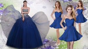 Pretty Navy Blue Really Puffy Quinceanera Dress And Fashionable Short Dama Dress