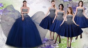 Most Popular Beaded Big Puffy Quinceanera Dress And Elegant Tea Length Navy Blue Dama Dress