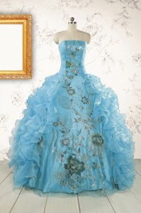 New Style Ruffles Embroidery Strapless Quinceanera Dress In Baby Blue