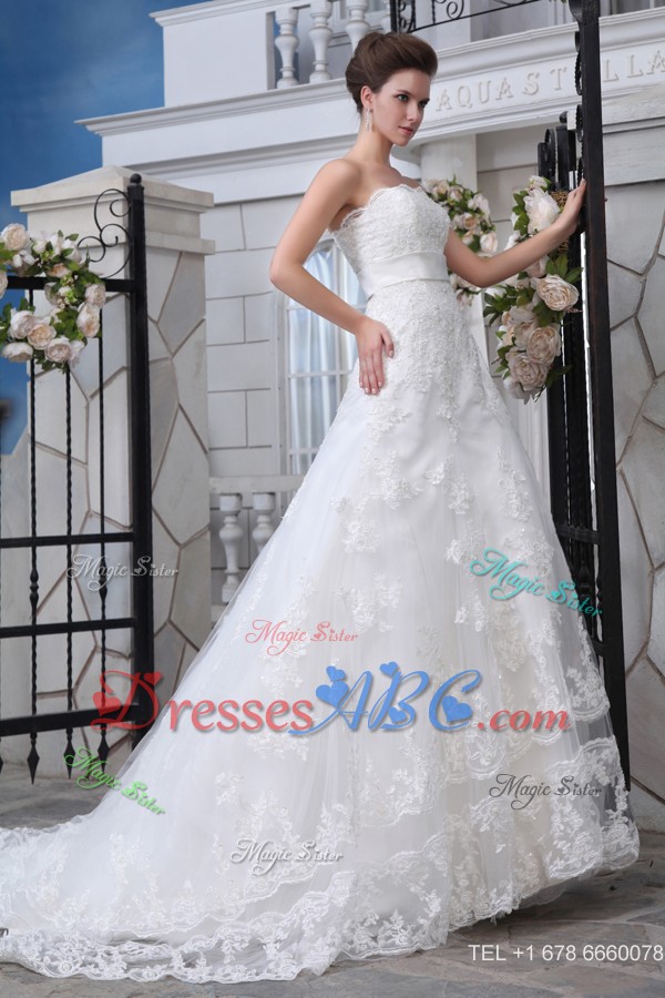 Unique Mermaid Strapless Court Train Lace Belt Wedding Dress