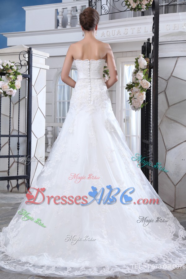 Unique Mermaid Strapless Court Train Lace Belt Wedding Dress