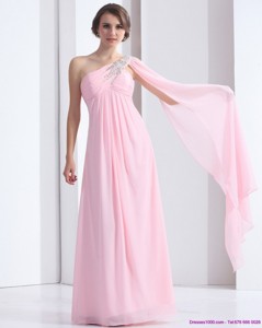 Perfect One Shoulder Baby Pink Prom Dress With Ruching And Beading