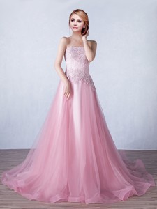 Discount Strapless Applique Tulle Prom Dress with Brush Train