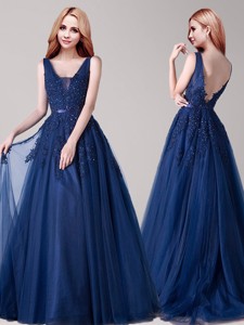 Inexpensive V Neck Applique and Belted Prom Dress in Navy Blue