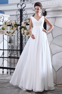 Simple V-neck Floor-length Chiffon Ruch And Appliques Wedding Dress