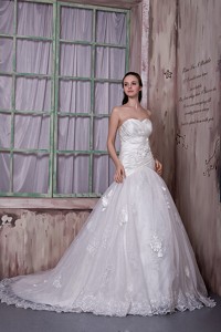Custom Made Sweetheart Court Train Taffeta And Lace Hand Made Flowers Wedding Dress