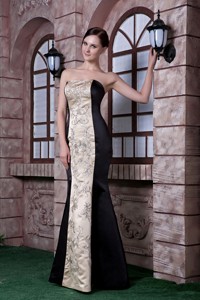 Low price Black and Champagne Evening Dress Mermaid Strapless Embroidery Satin Floor-length