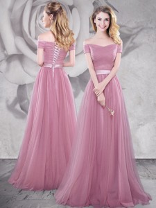 Popular Brush Train Off the Shoulder Prom Dress in Pink