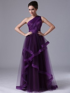 One Shoulder Tulle Empire Purple Ruched Prom Dress