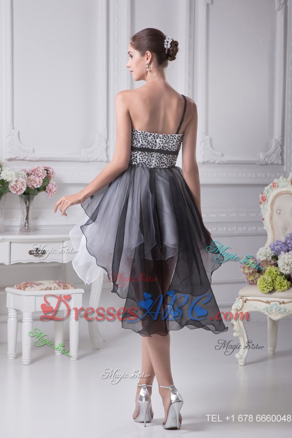 Black and White Single Flower Strap Prom Dress with Ruffles and Sequins