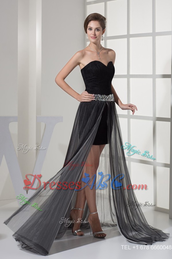 Asymmetrical Sweetheart Bodice Prom Gowns with Beaded Ribbon